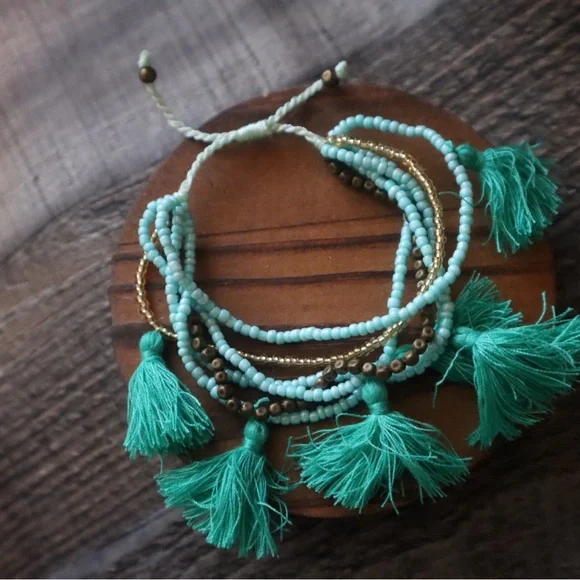 Turquoise Tassel Beaded Bracelet Set - Picture 5 of 5